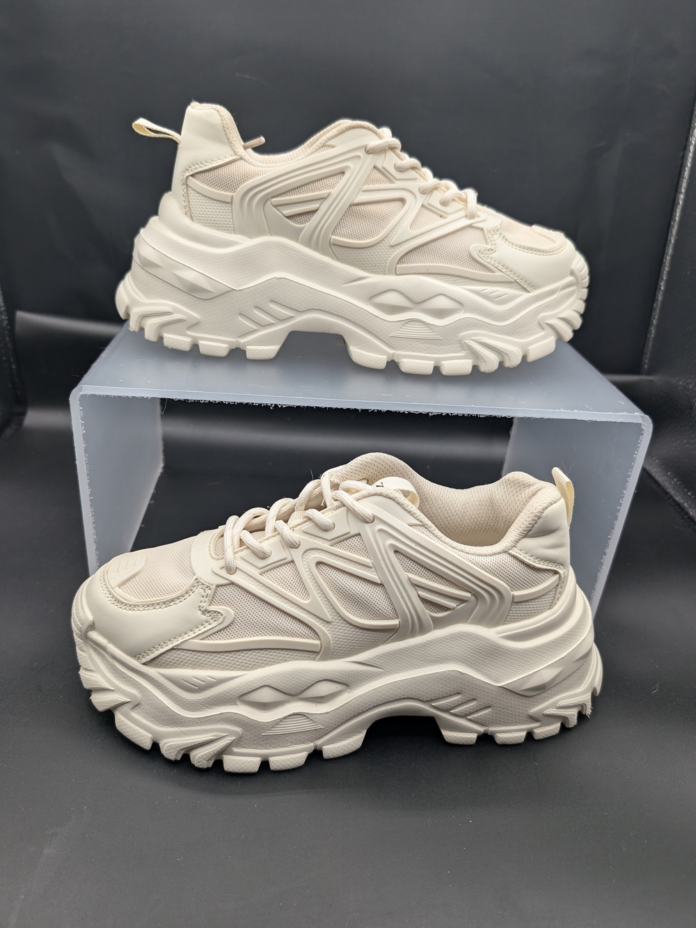 Women's Chunky Platform Lace-Up Sneakers in Cream